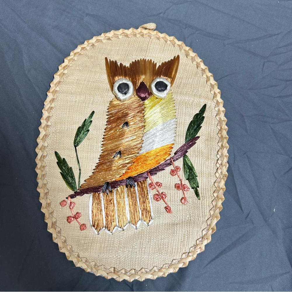 1970s Owl Wall Hanging Raffia Handmade Oval Orange Woven Art Boho Vintage